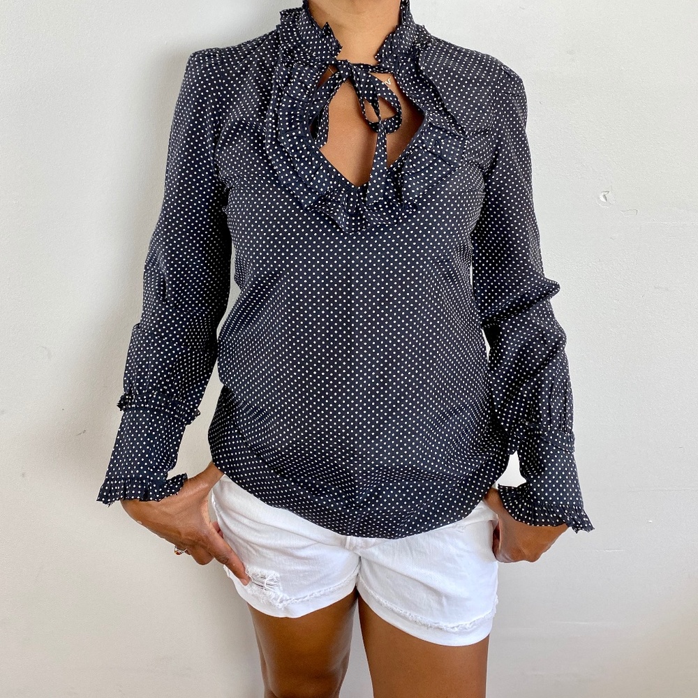 JOIE NWOT COTTON-SILK BLEND POLKA DOT NECK TIE BLOUSE/ SZ S